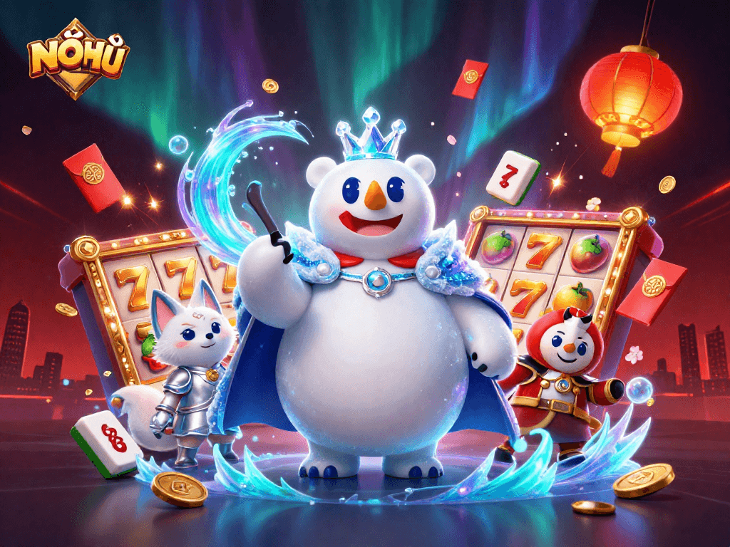 NỔ HŨ slot machine sparks excitement with jackpots and colorful symbols in a vibrant casino scene.