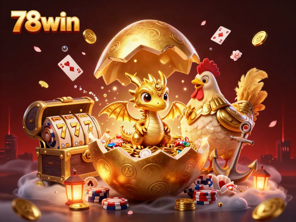 Experience thrilling gameplay and fortune with 78win's vibrant casino scene featuring a golden dragon and poker chips.