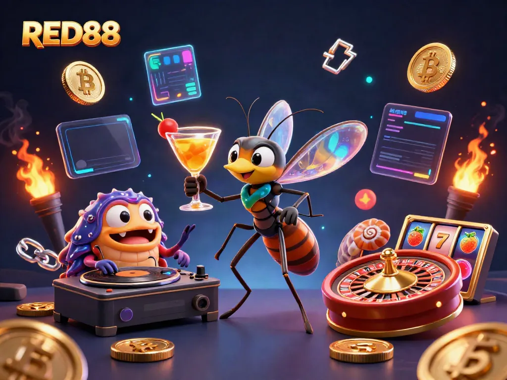 Join the fun at RED88 with a lively casino mascot and thrilling gaming elements in action.