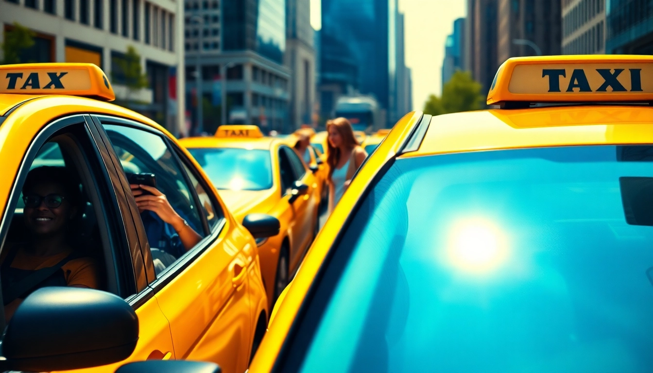 Experience vibrant taxis navigating a busy city street with smiling driver and passenger interaction.