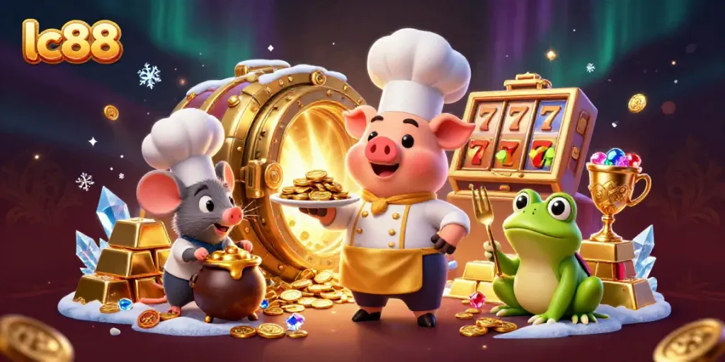 Experience the thrill of lc88 with a vibrant casino scene featuring a chef pig, sous-chef mouse, and food critic frog.