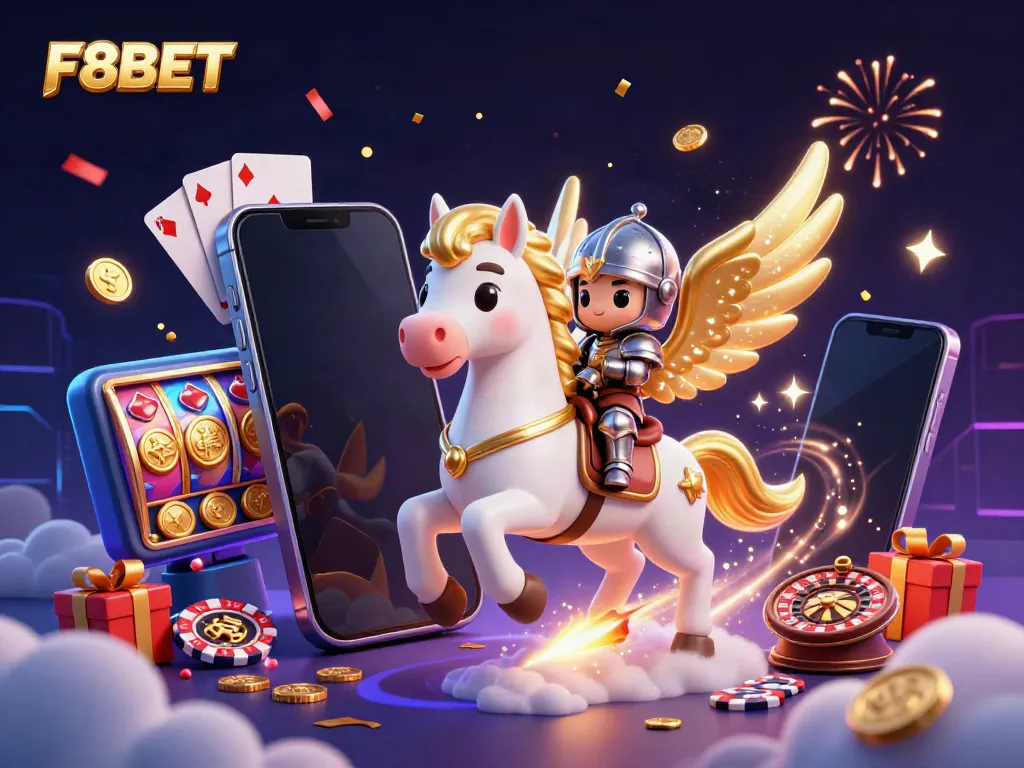 Experience epic wins with F8BET's magical gaming adventure featuring a celestial horse and vibrant slot games.