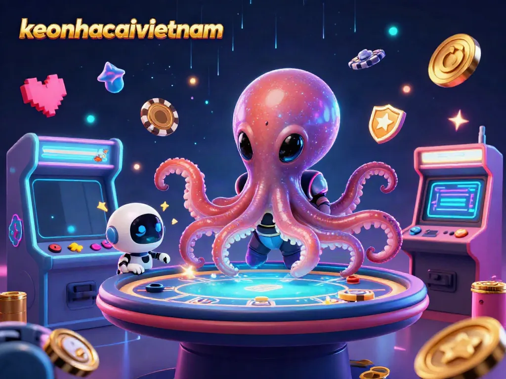Engage with epic gaming at keonhacaivietnam featuring an alien octopus at a holographic poker table.
