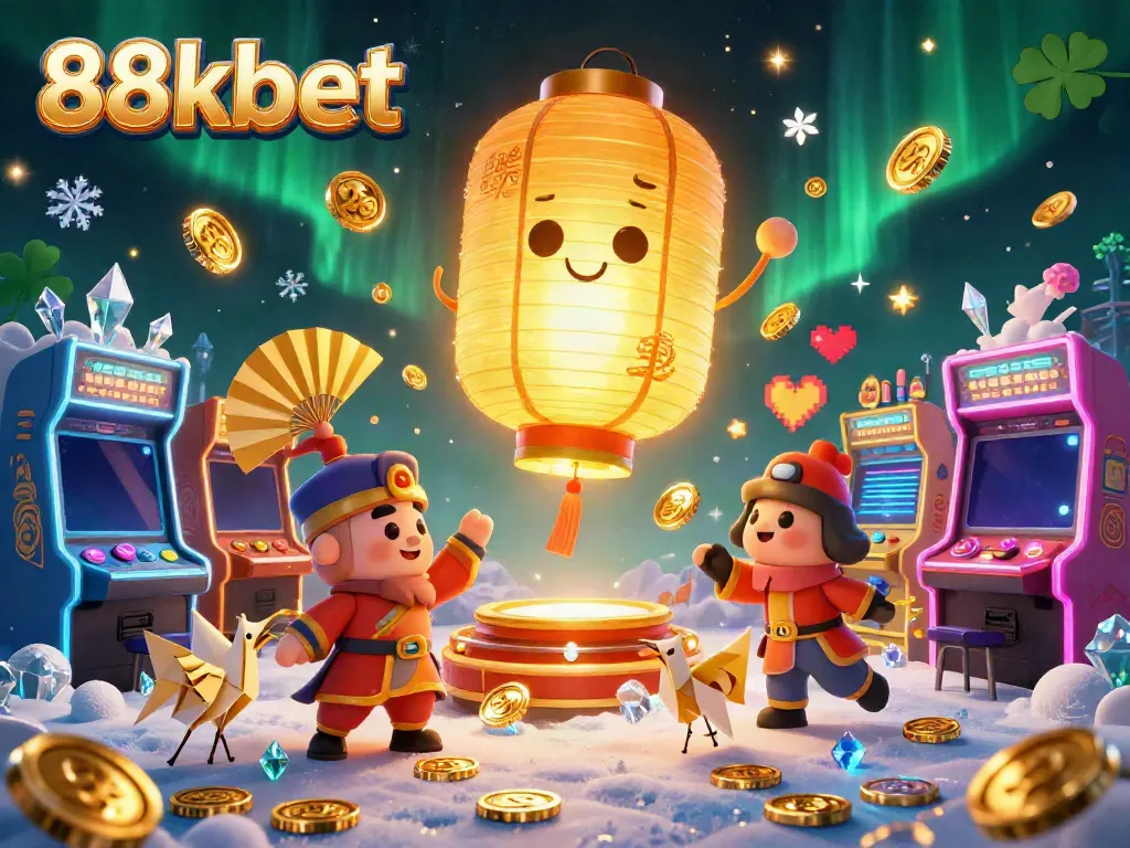 Experience the thrilling offerings of 88kbet in a vibrant night market casino filled with golden lanterns and playful warriors.