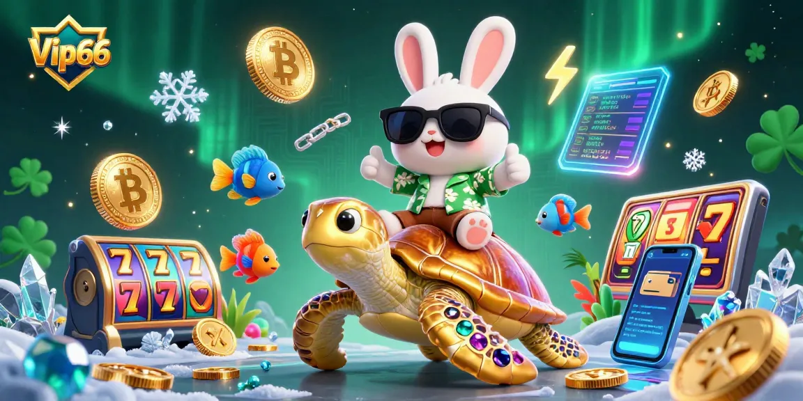 Experience the excitement of Vip66 with vibrant slot reels and cartoon characters in a dynamic casino setting.