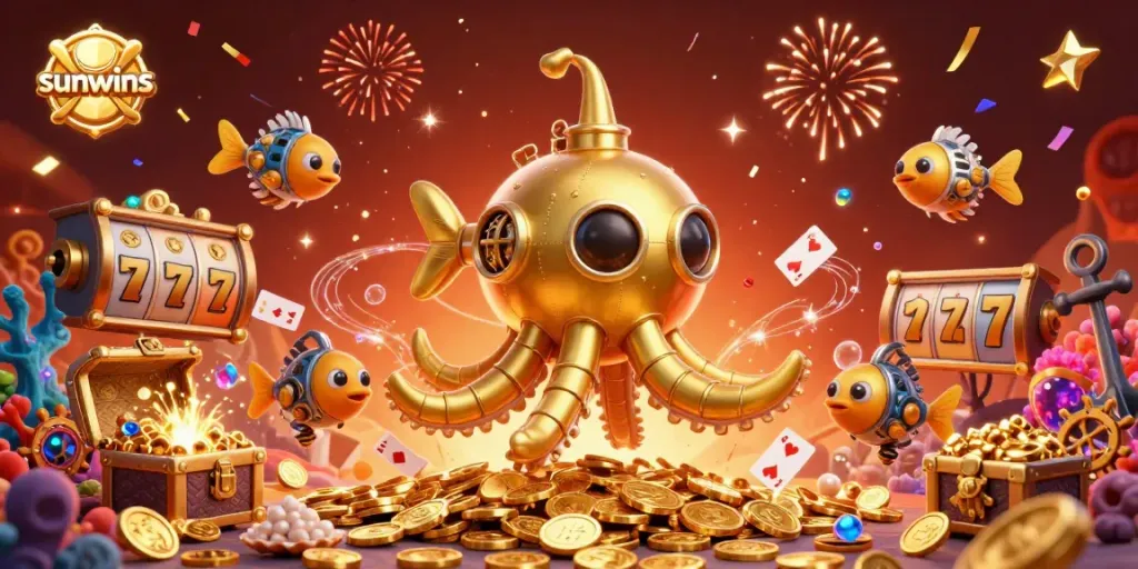Win big with sunwins: cartoon kraken submarine amidst a treasure-filled casino sea, floating cards, and festive effects.
