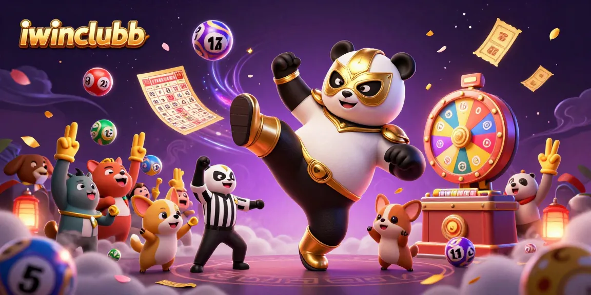 Engage with vibrant iwinclubb lottery excitement featuring a wrestling panda and cheering animals.