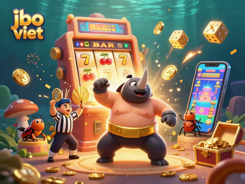 Experience thrilling play at jbo viet with a dynamic scene of a beetle sumo matches, coins flying, and jackpot excitement!
