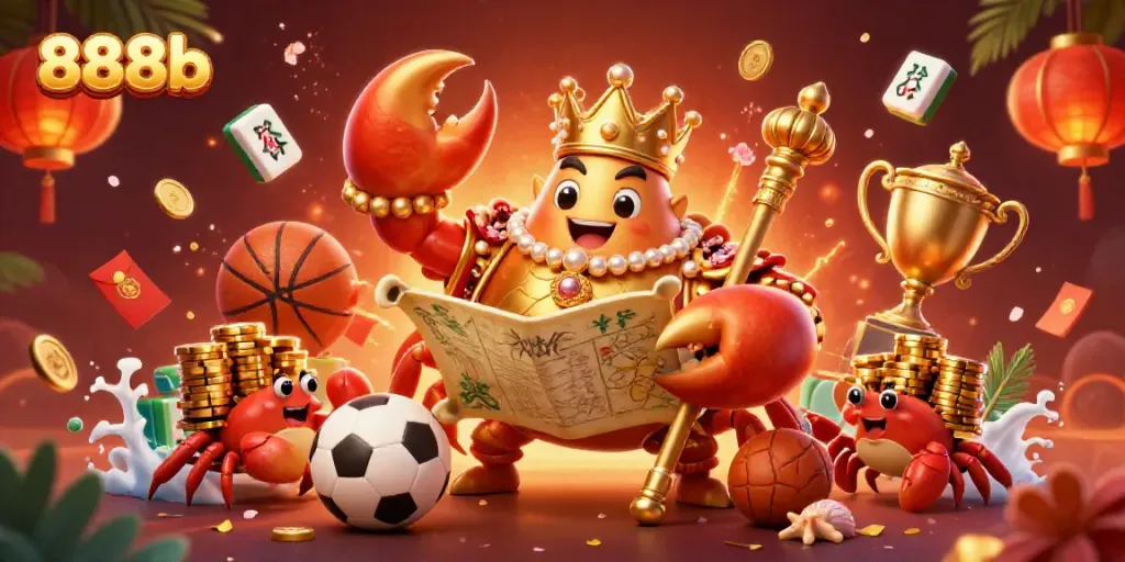 Engage with 888b as a golden crab emperor celebrates sports betting success amidst vibrant casino elements.