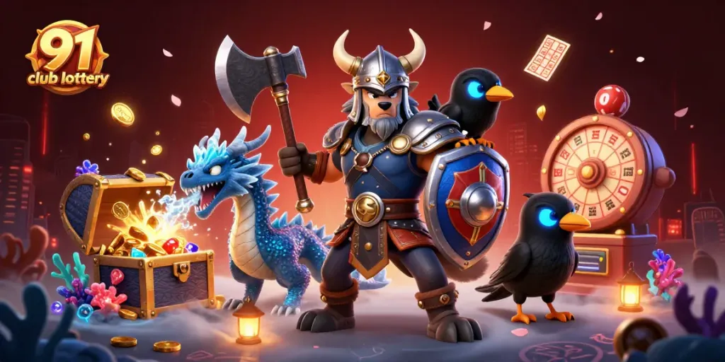 Engage with the thrilling 91 club lottery, featuring epic characters like a Viking warrior and a fierce dragon amidst vibrant gaming elements.