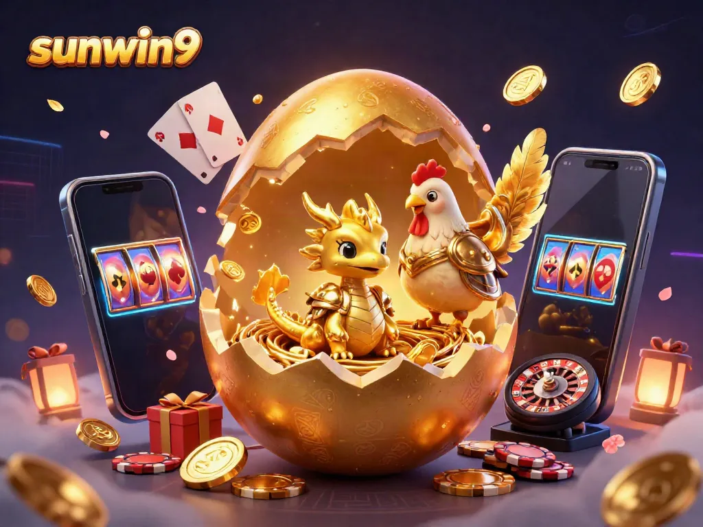 Experience thrilling jackpots at sunwin9 with a golden dragon amidst casino symbols in a vibrant scene.