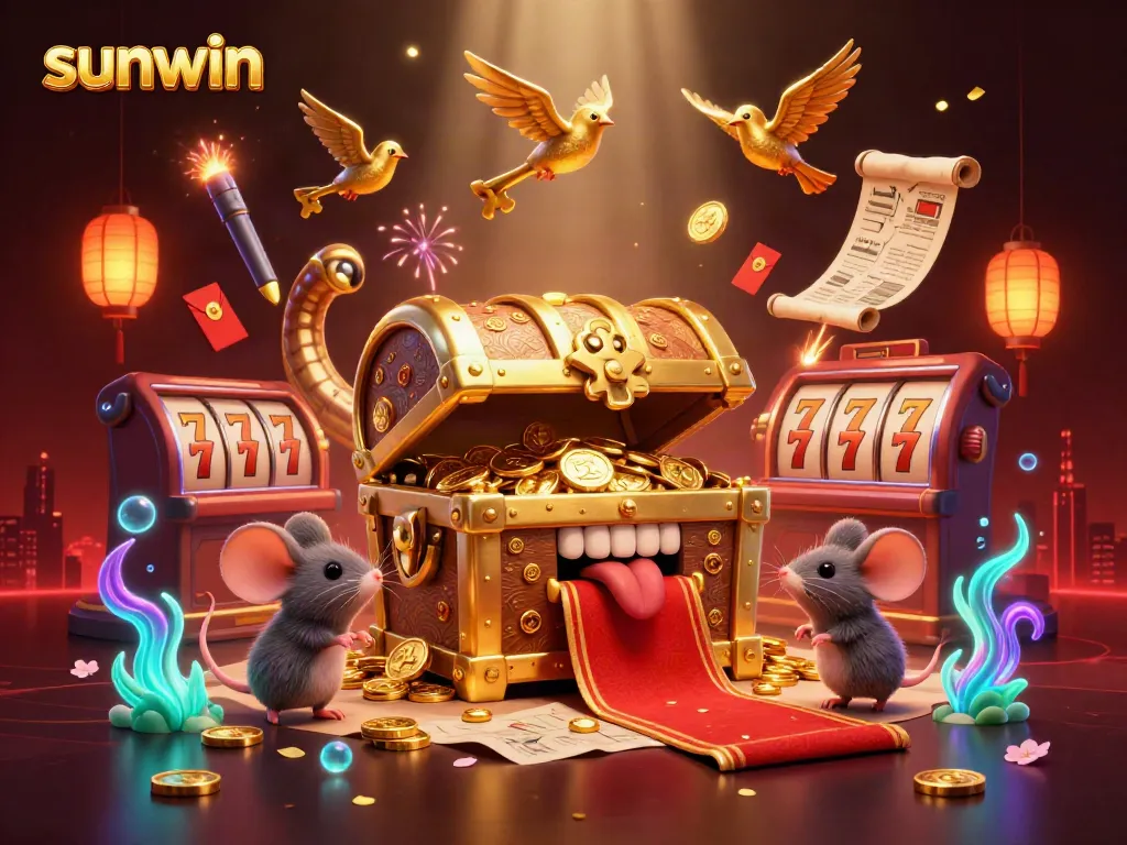 Engaging sunwin illustration featuring adventurous mice captivated by a golden treasure chest, surrounded by colorful casino elements.