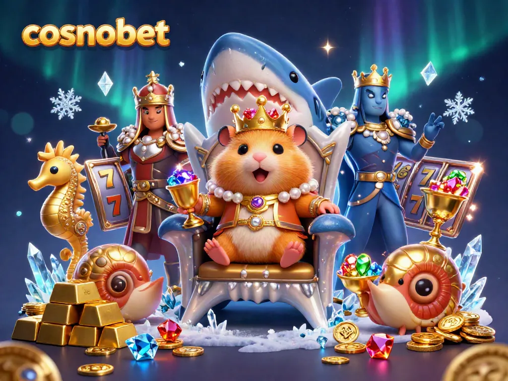 Experience the magic of cosmobet with the golden hamster king seated on his megalodon throne amidst dazzling casino treasures.