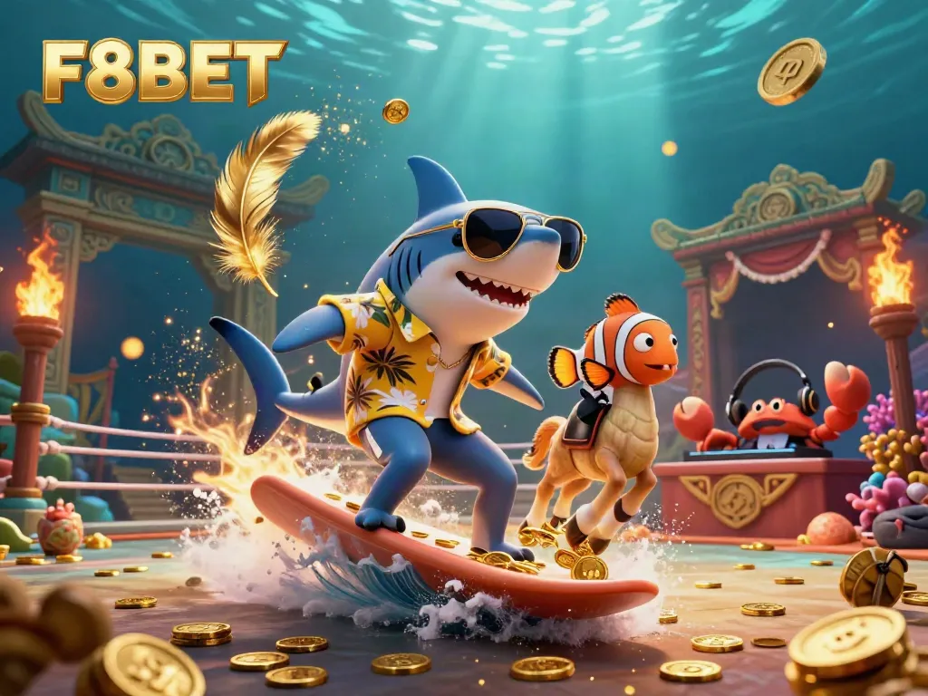 Experience the dynamic entertainment of F8BET with a vibrant casino-themed underwater scene featuring lively characters.