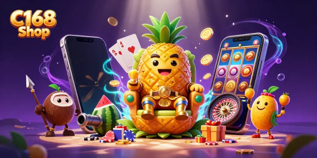 Experience the excitement of C168 Shop with a vibrant 3D casino scene featuring the pineapple king and playful game elements.