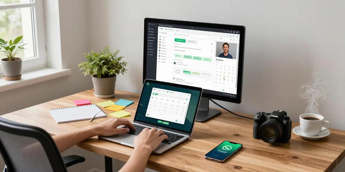 Active workspace with user engaging in WhatsApp電腦版 on laptop, modern office details