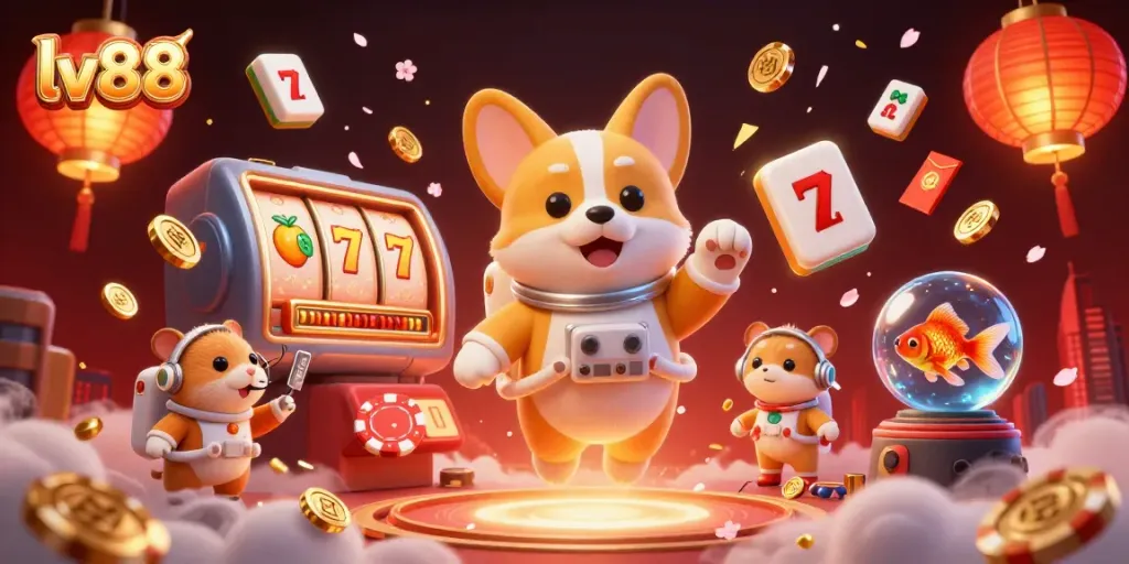 Experience the excitement of lv88 casino with floating poker chips and animated characters in a space-themed game.