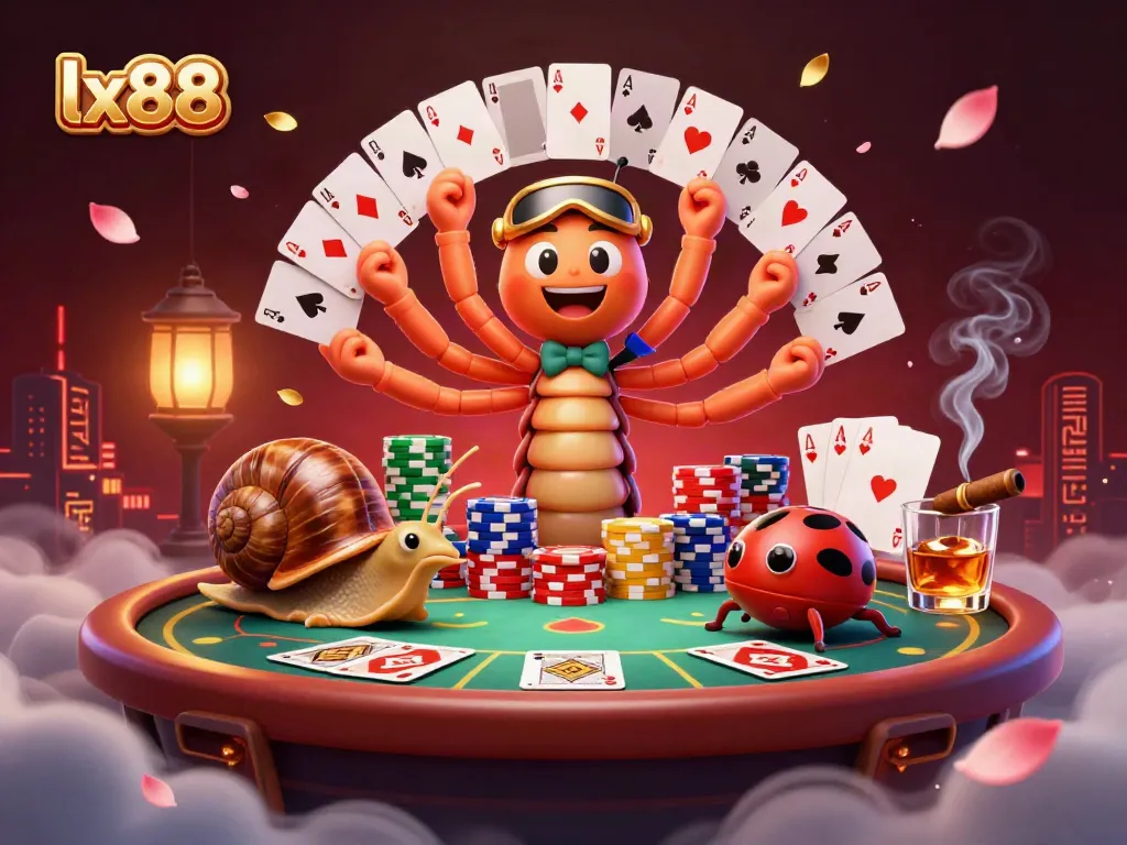 Experience the excitement of lx88 with vibrant casino characters fanning cards and chip stacks.