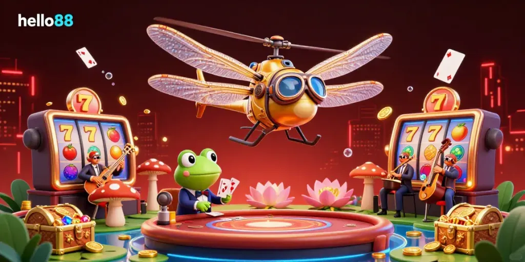 Experience thrilling gameplay at hello88, highlighted by a vibrant casino scene with croupiers and games.
