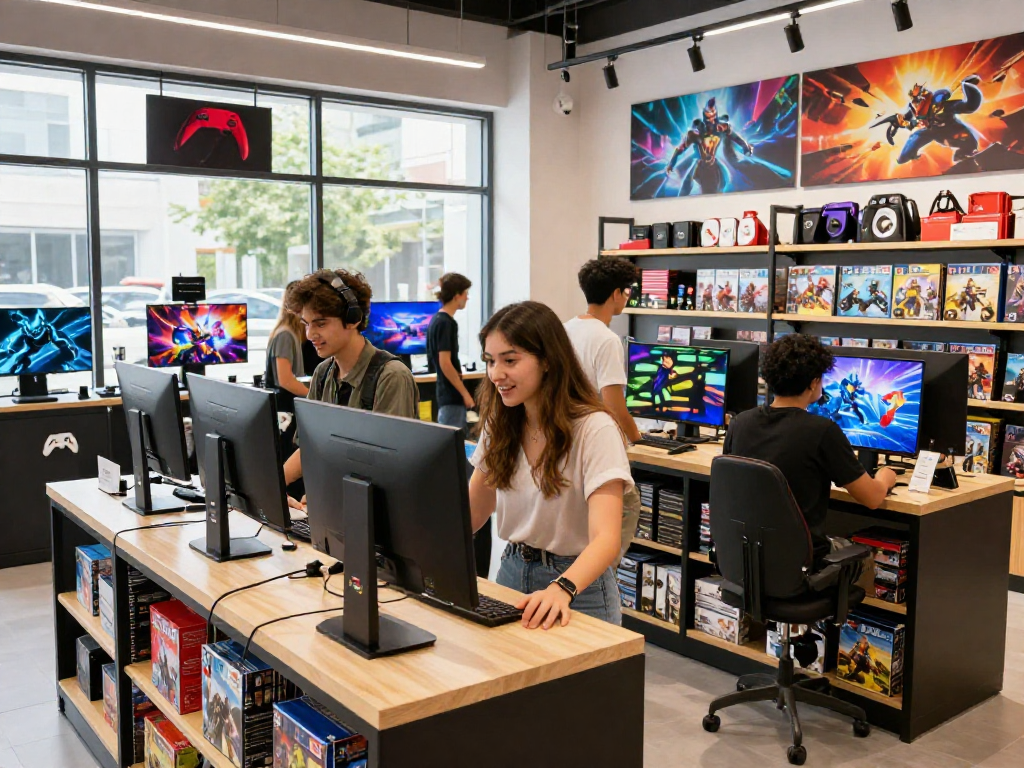 rokok 88 game store shopping experience with diverse gamers exploring latest game releases