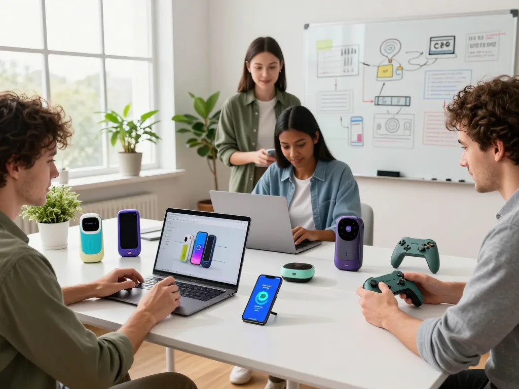 Team collaborating with smart tech gadgets, showcasing innovative products like the 8BitDo controller and AirFly Pro 2.