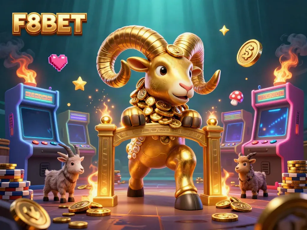 Experience F8BET with a charging golden ram at a vibrant casino scene filled with interactive elements.