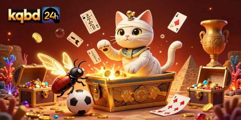 Experience the thrill of kqbd 24h with a vibrant 3D scene featuring a mummy cat and scarab beetle in a dynamic casino setting.