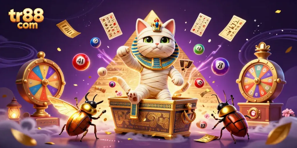 Experience thrilling gameplay with tr88 com as the Egyptian mummy cat bursts from the sarcophagus.