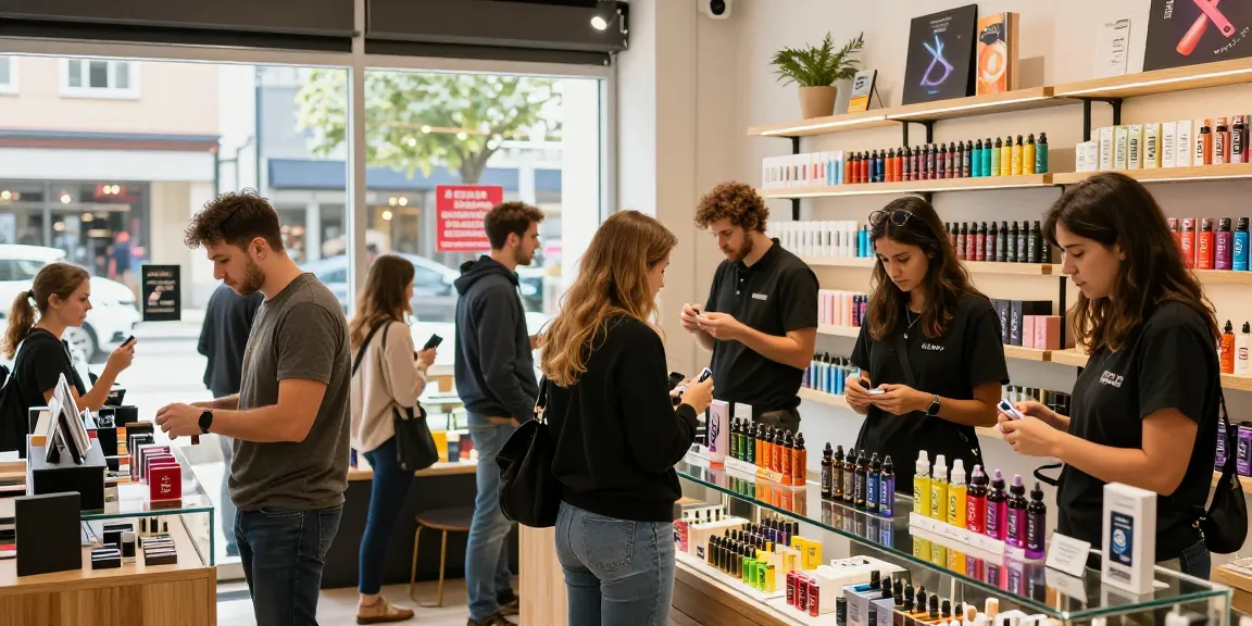 Shoppers exploring Elux nic salt options in a vibrant vape store.