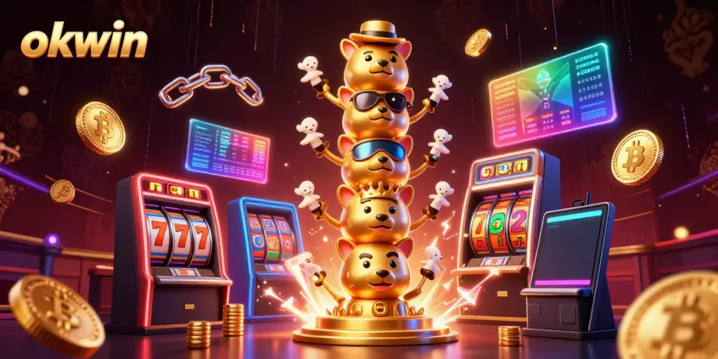 Engage with okwin's dynamic casino experience featuring a totem pole, slot reels, and cryptocurrency elements.