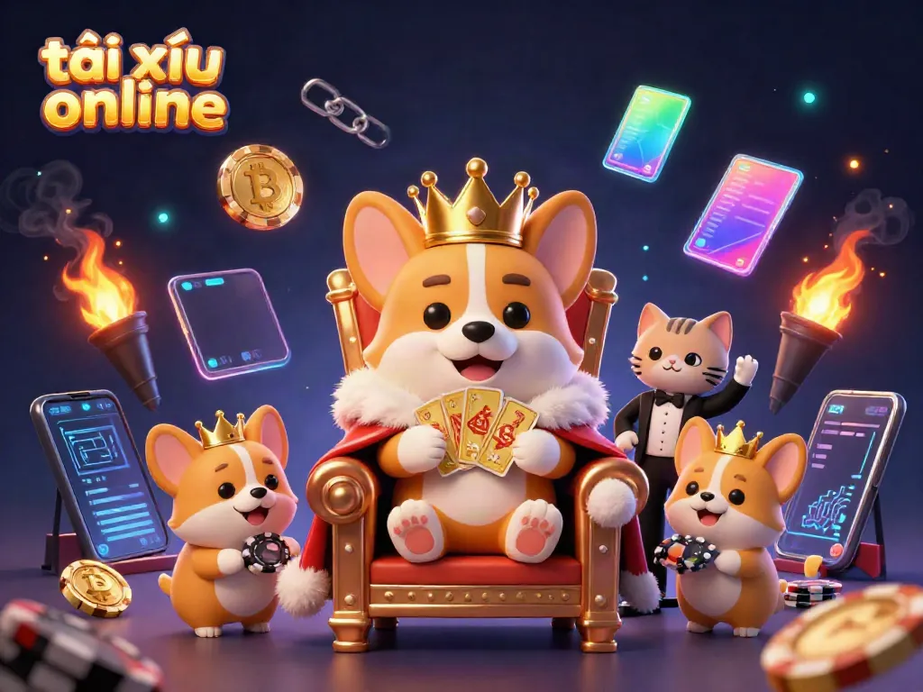 Engaging scene of tài xỉu online featuring a royal corgi and cat butler showcasing gaming elements.