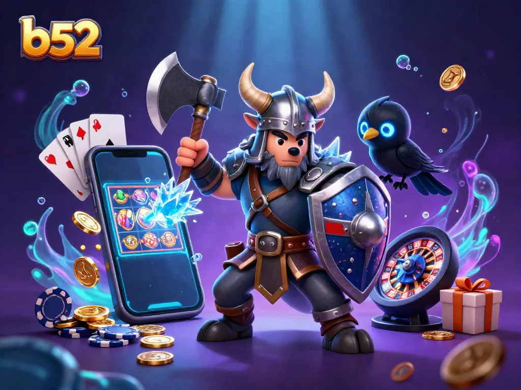 Engage with b52 gaming excitement featuring a Viking warrior and dragon, showcasing slot games and casino elements.