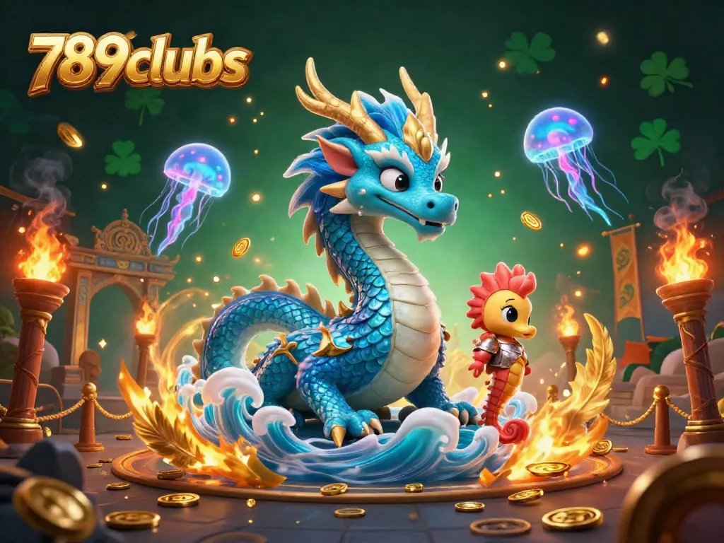Experience thrilling gameplay with 789clubs as a majestic water dragon and brave seahorse knight engage amid vibrant gaming symbols.