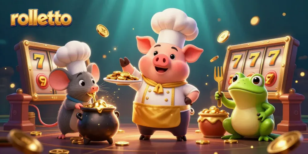 Experience rolletto with vibrant gold coins, dynamic slot reels, and charming cartoon characters.