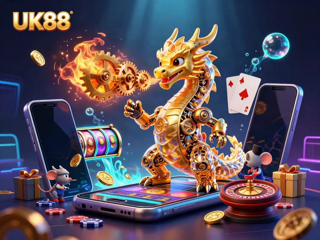 Engage with the thrilling adventures of UK88, where a golden dragon breaths gears amidst vibrant casino elements.