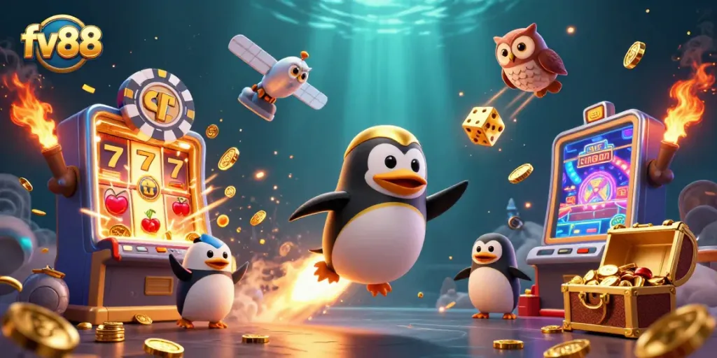 Experience thrilling gameplay at fv88, featuring a golden penguin and slot machines exploding with coins.