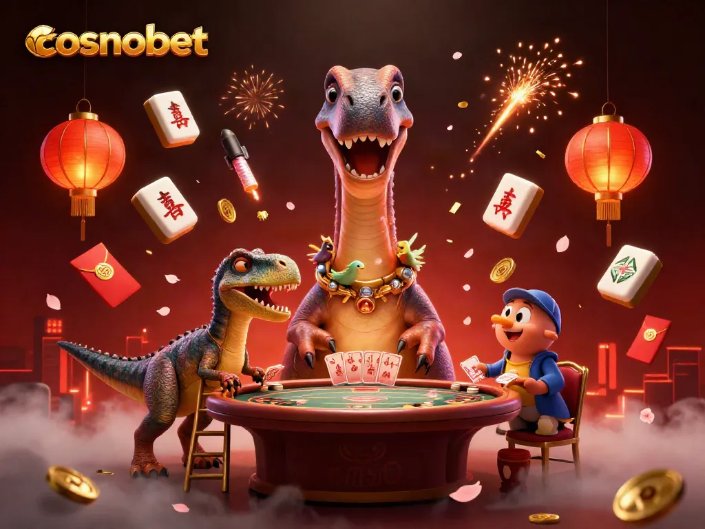 Join the fun at cosmobet with a colossal brontosaurus overseeing a vibrant casino scene filled with games.