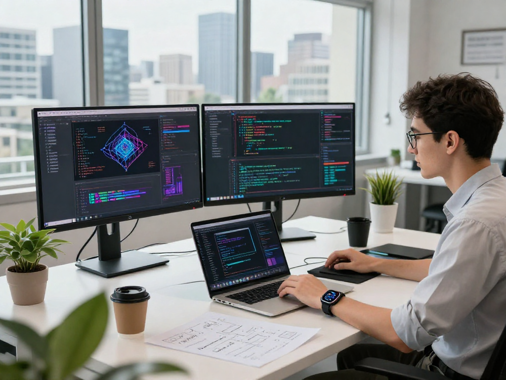 Young developer coding AI technologies in a modern workspace, showcasing cutting-edge technology and vibrant graphics.