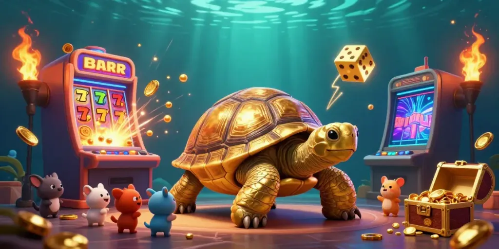Experience excitement at 98win with golden tortoise themed pinball machine and casino games.
