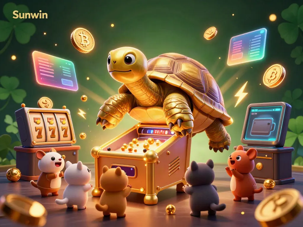 Engage with exciting games at Sunwin, featuring a vibrant 3D casino scene with playful elements.