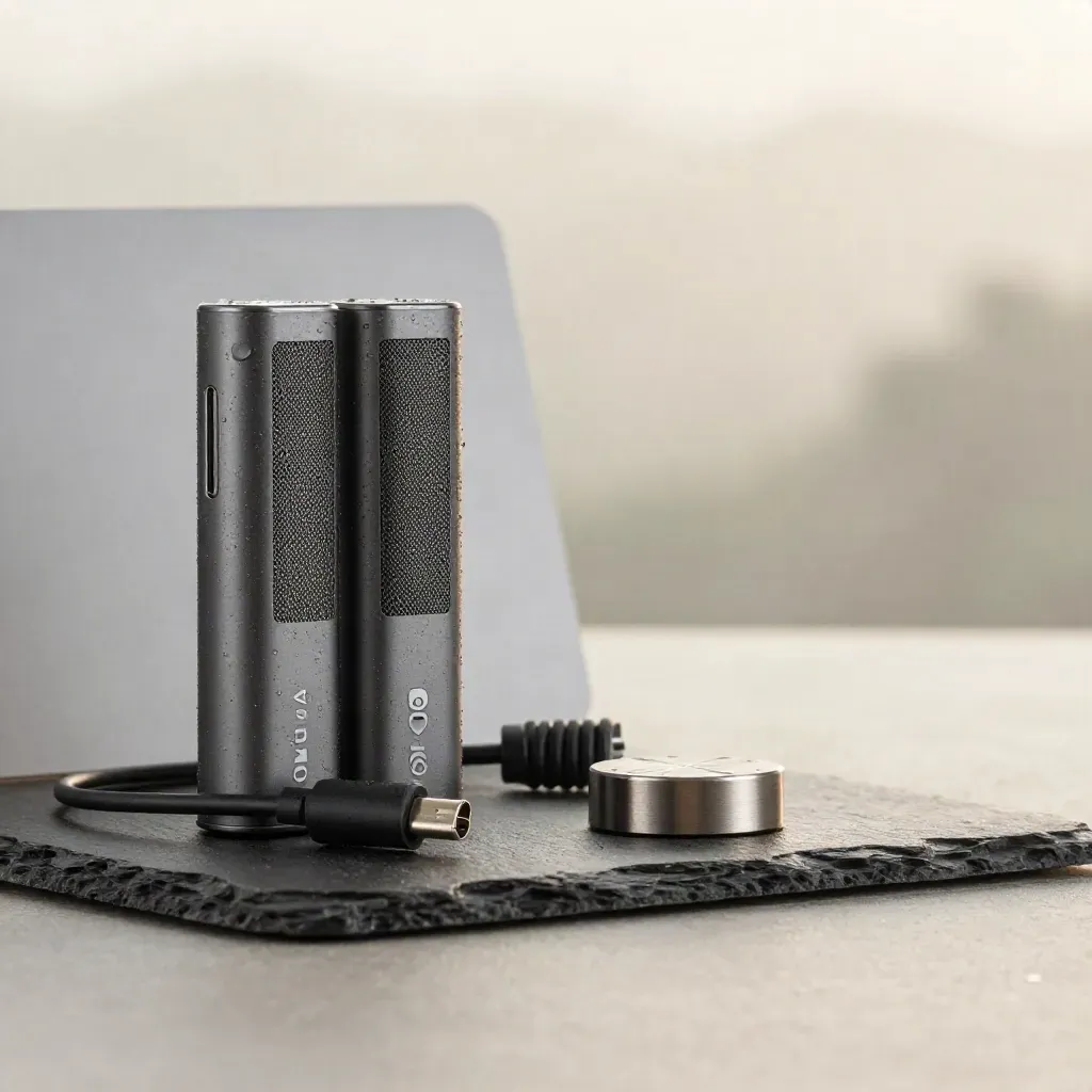 Graphite vape pod kit with pods, cable and charger on a misty slate plinth.