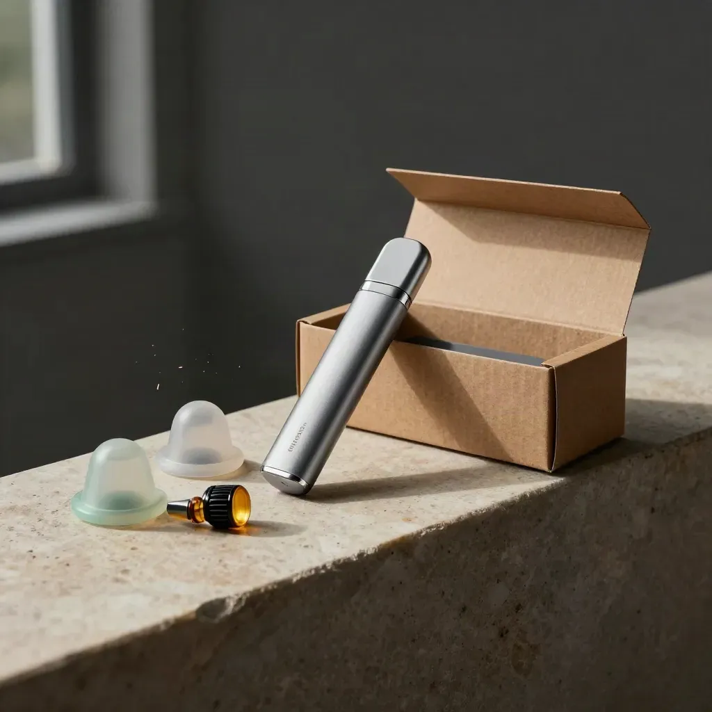 Unbranded vape starter kit spilling from a kraft box across pale stone in dramatic studio light.