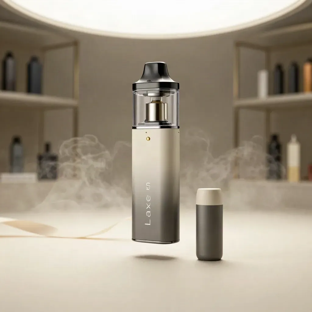 Floating matte vape pod mod with clear pod, spare pod and soft vapour on an off-white field