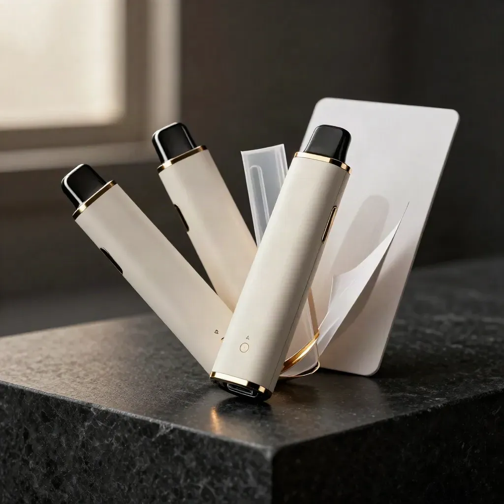 Unbranded triple vape pack with three slim devices fanning out on a dark plinth.