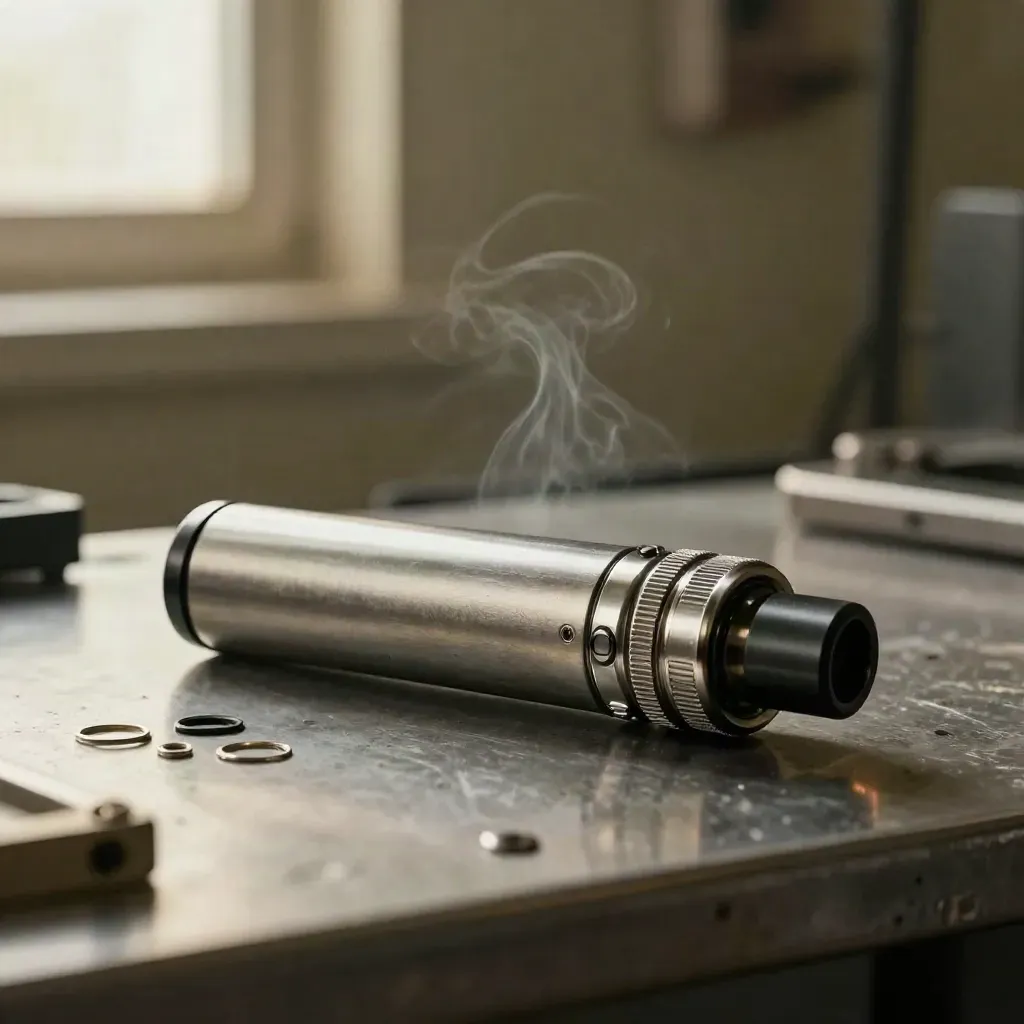 Smok TFV18 Tank with spare glass and coil parts on brushed metal, lit by soft haze