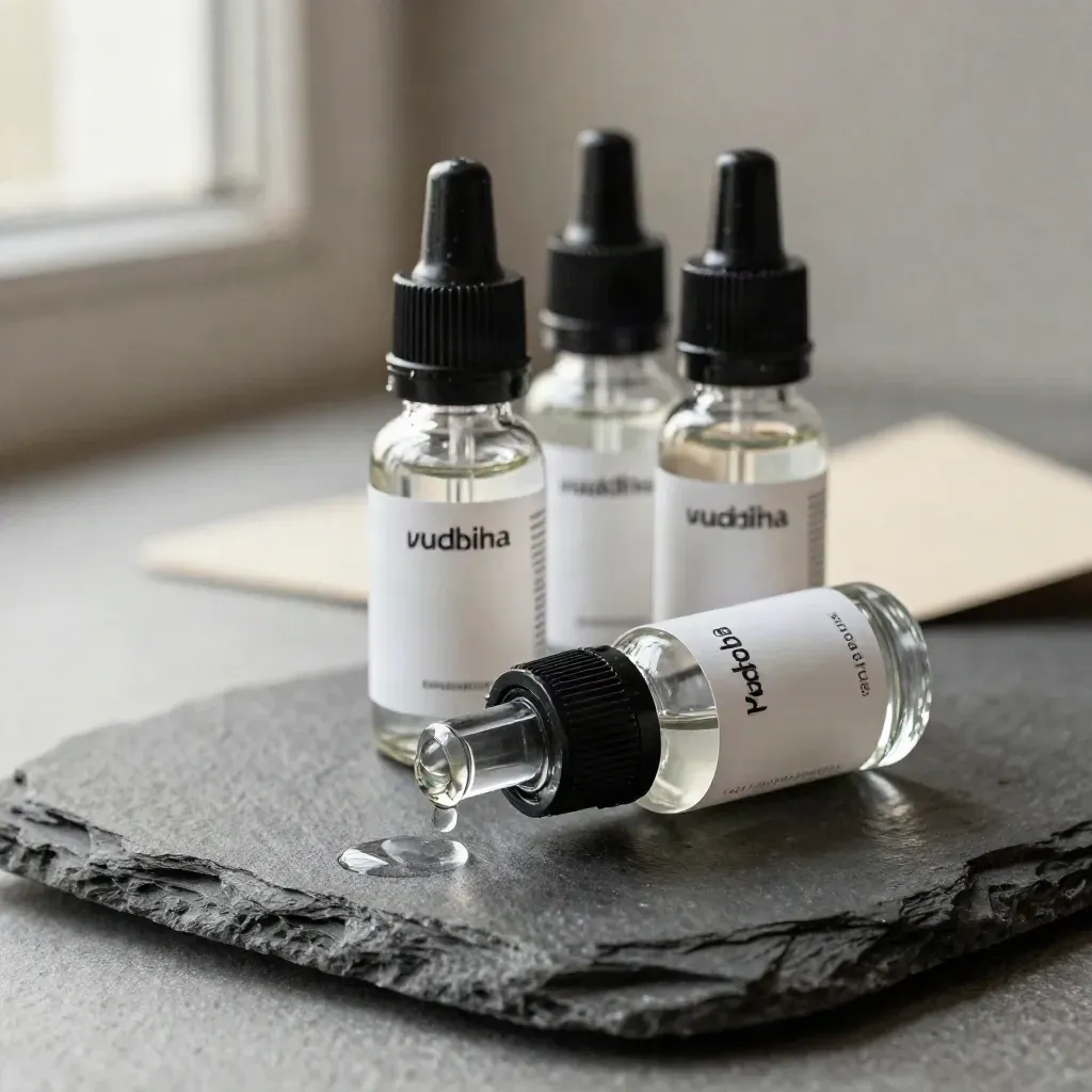 Three unlabelled e-liquid bottles on slate, one tipped with a bead of liquid