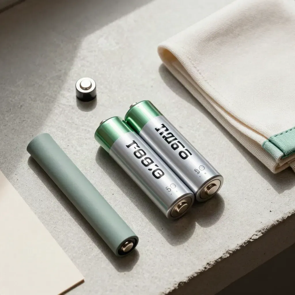 Overhead flat lay of vape batteries, charger sleeve, cloth, and magnetic cap