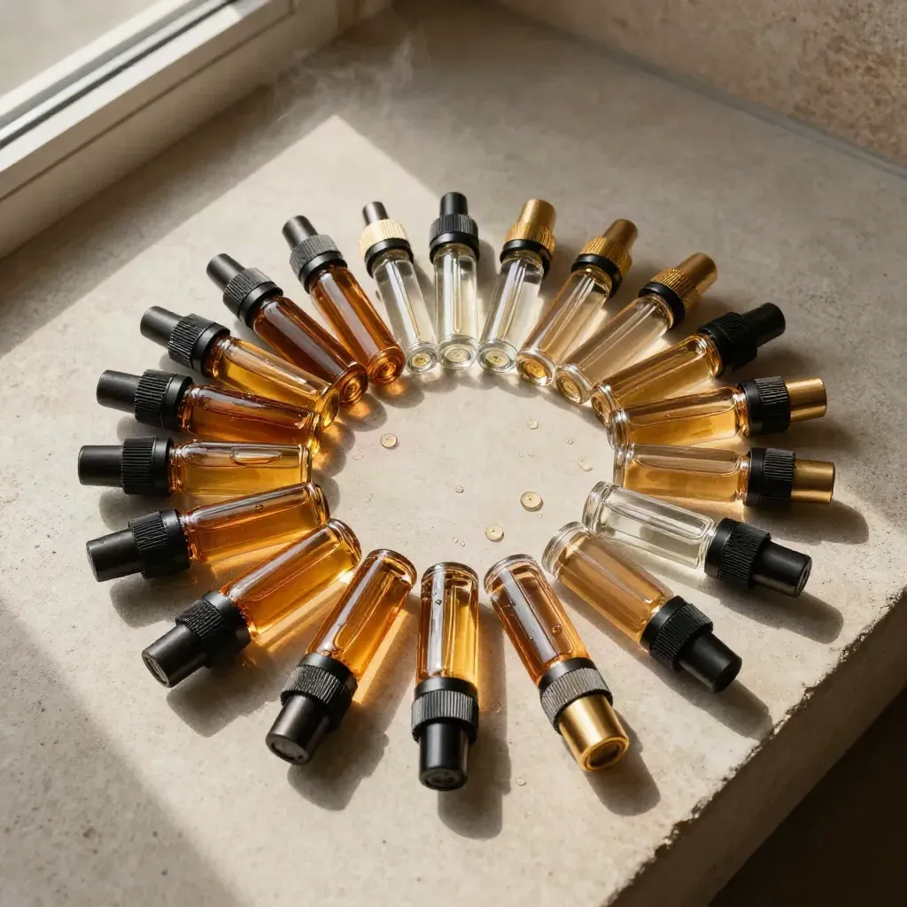 Overhead flatlay of e-liquid and nic salt bottles with caps and pod inserts on pale stone.