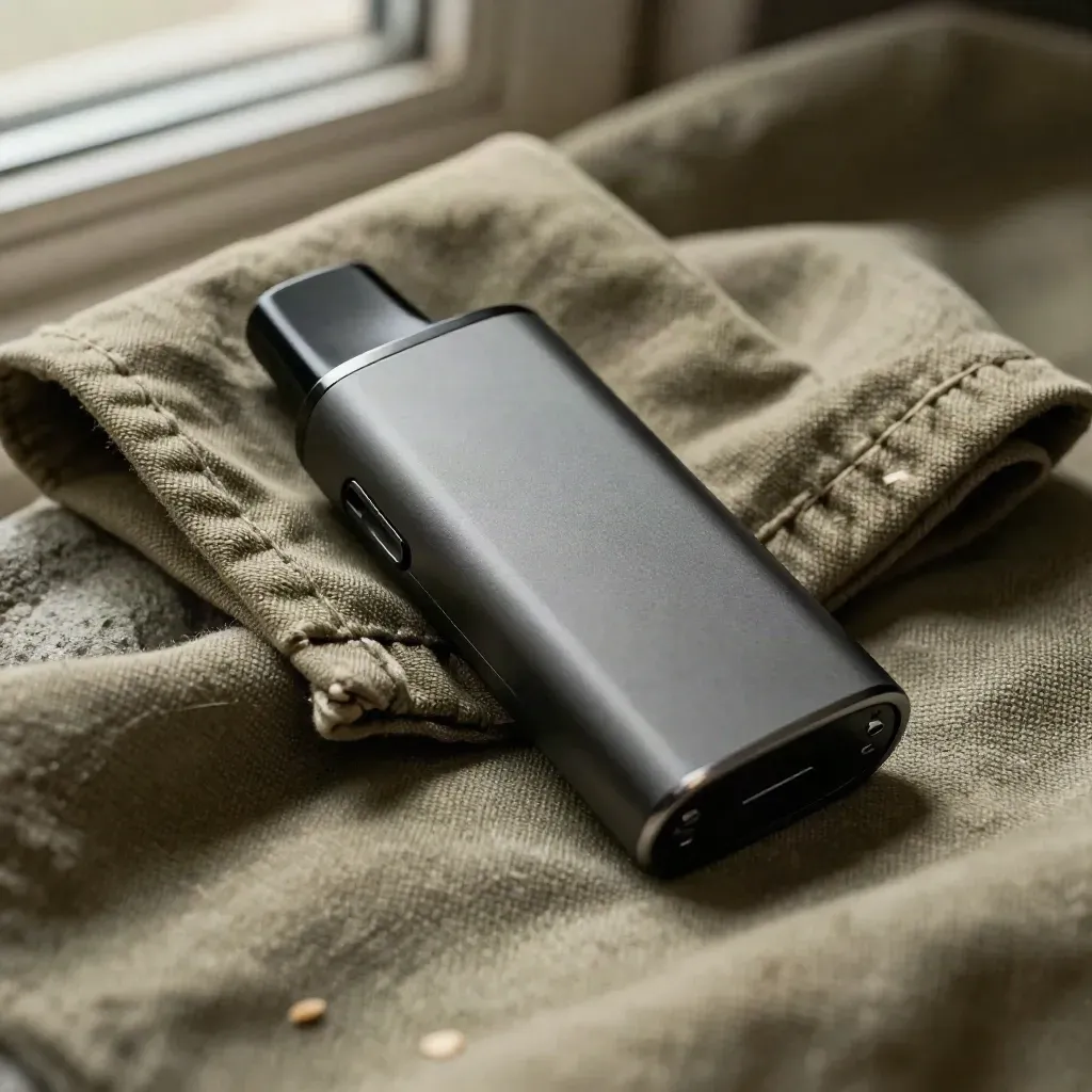 Macro of an unbranded Elf Bar AF5000 sleeve and curved device on khaki linen with soft vapor.