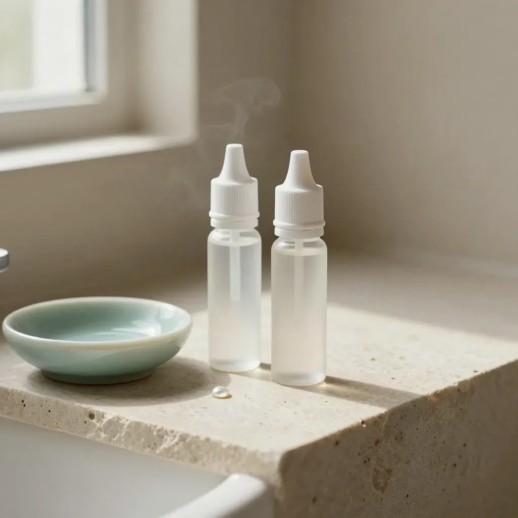 Two unlabelled vape bottles beside a ceramic dish with a droplet on stone, soft mist behind.